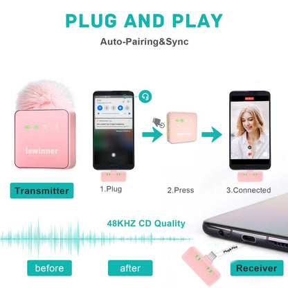 Lewinner Wireless Lavalier Mic with Noise Canceling, 4-Person, iOS/Type-C